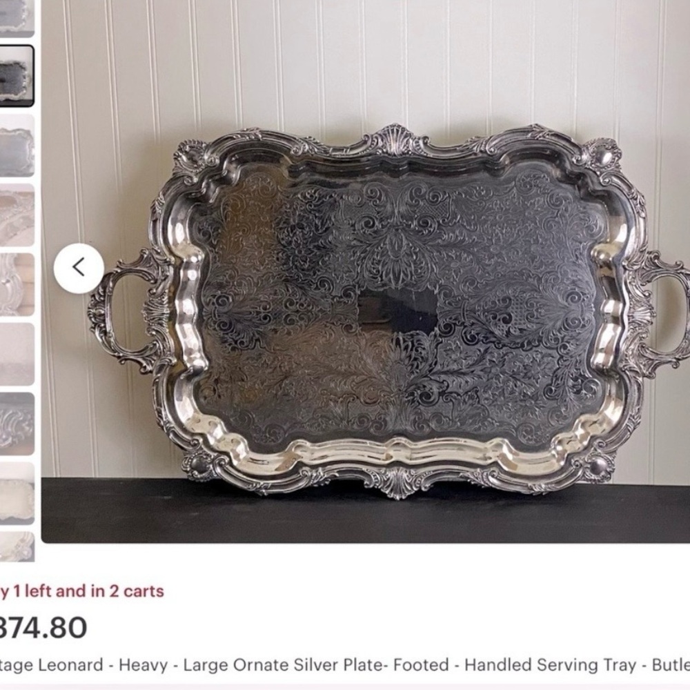 Leonard Silver Vintage Butler Serving Tray with Ornate Handles & Feet
